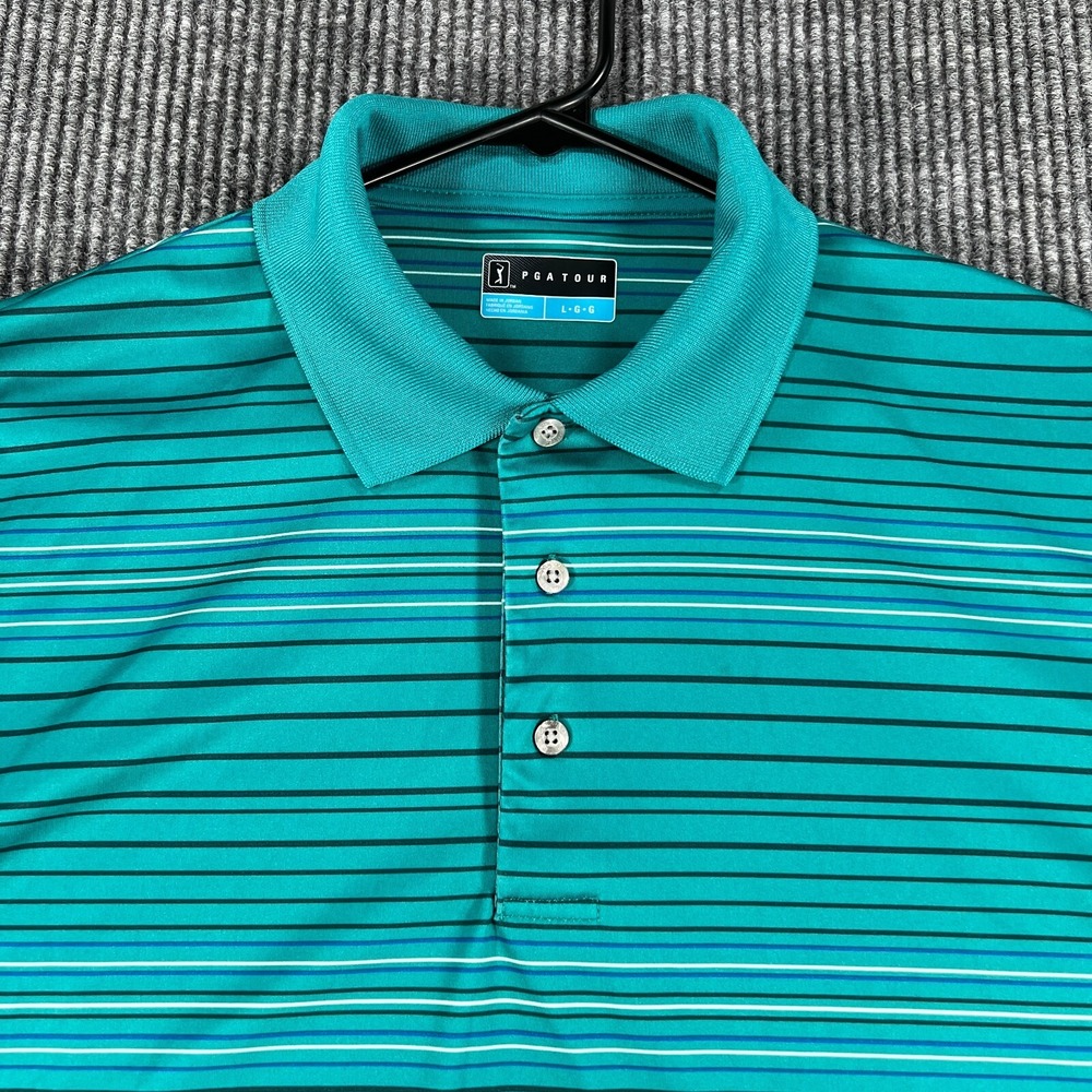PGA Tour Polo Shirt Mens Large Green Striped Short Sleeve Casual Outdoor